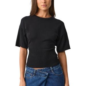 Springrain Women’s Short Sleeve Summer Knit Top Crewneck Rib Cinched Waist Pullover Sweater(Black)