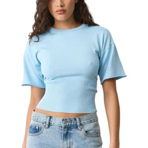 Springrain Women’s Short Sleeve Summer Knit Top Crewneck Rib Cinched Waist Pullover Sweater(Blue)