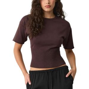 Springrain Women’s Short Sleeve Summer Knit Top Crewneck Rib Cinched Waist Pullover Sweater(Coffee)