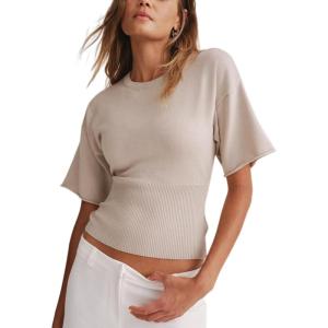 Springrain Women’s Short Sleeve Summer Knit Top Crewneck Rib Cinched Waist Pullover Sweater(Khaki)