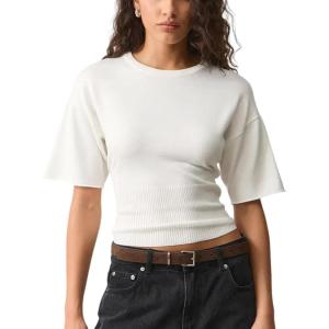 Springrain Women’s Short Sleeve Summer Knit Top Crewneck Rib Cinched Waist Pullover Sweater(White)