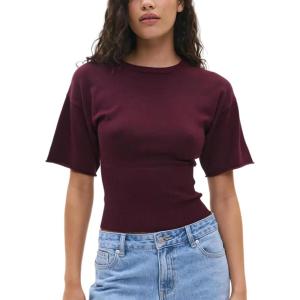 Springrain Women’s Short Sleeve Summer Knit Top Crewneck Rib Cinched Waist Pullover Sweater(Winered)