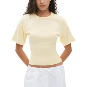 Springrain Women’s Short Sleeve Summer Knit Top Crewneck Rib Cinched Waist Pullover Sweater(Yellow)