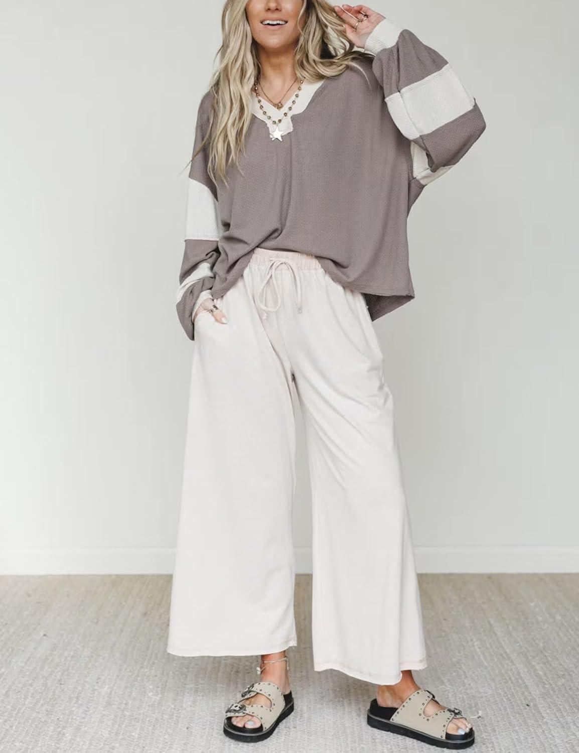 imageSpringrain Womens Casual Wide Leg Pants Drawstring High Waist Cotton Sweatpants with Back Patch PocketsBeige