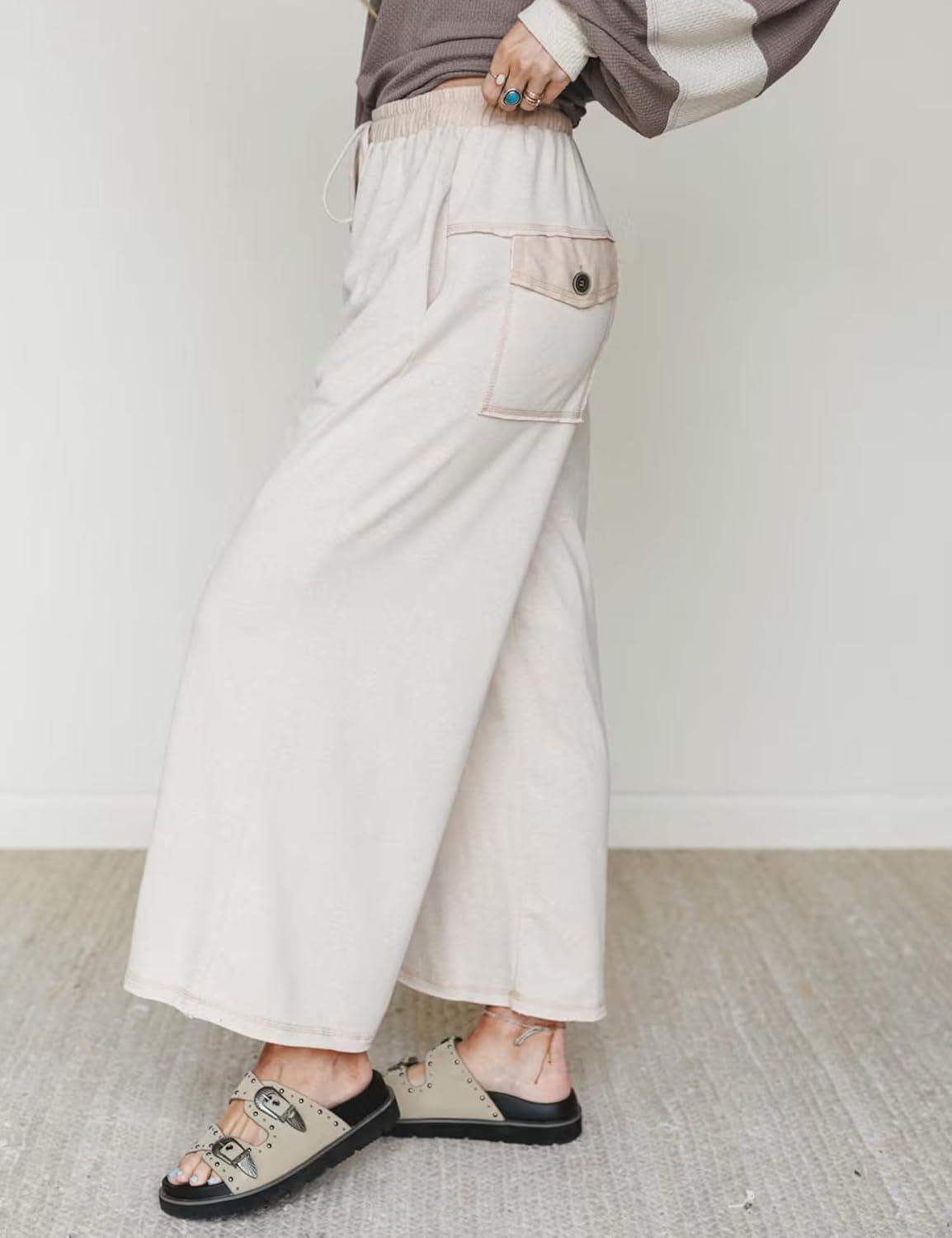 imageSpringrain Womens Casual Wide Leg Pants Drawstring High Waist Cotton Sweatpants with Back Patch PocketsBeige