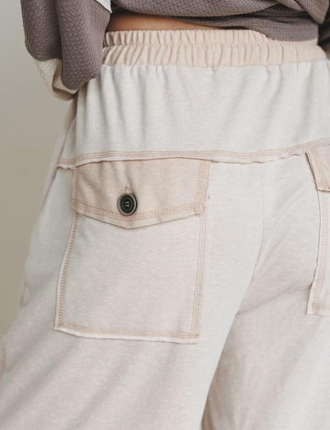 imageSpringrain Womens Casual Wide Leg Pants Drawstring High Waist Cotton Sweatpants with Back Patch PocketsBeige