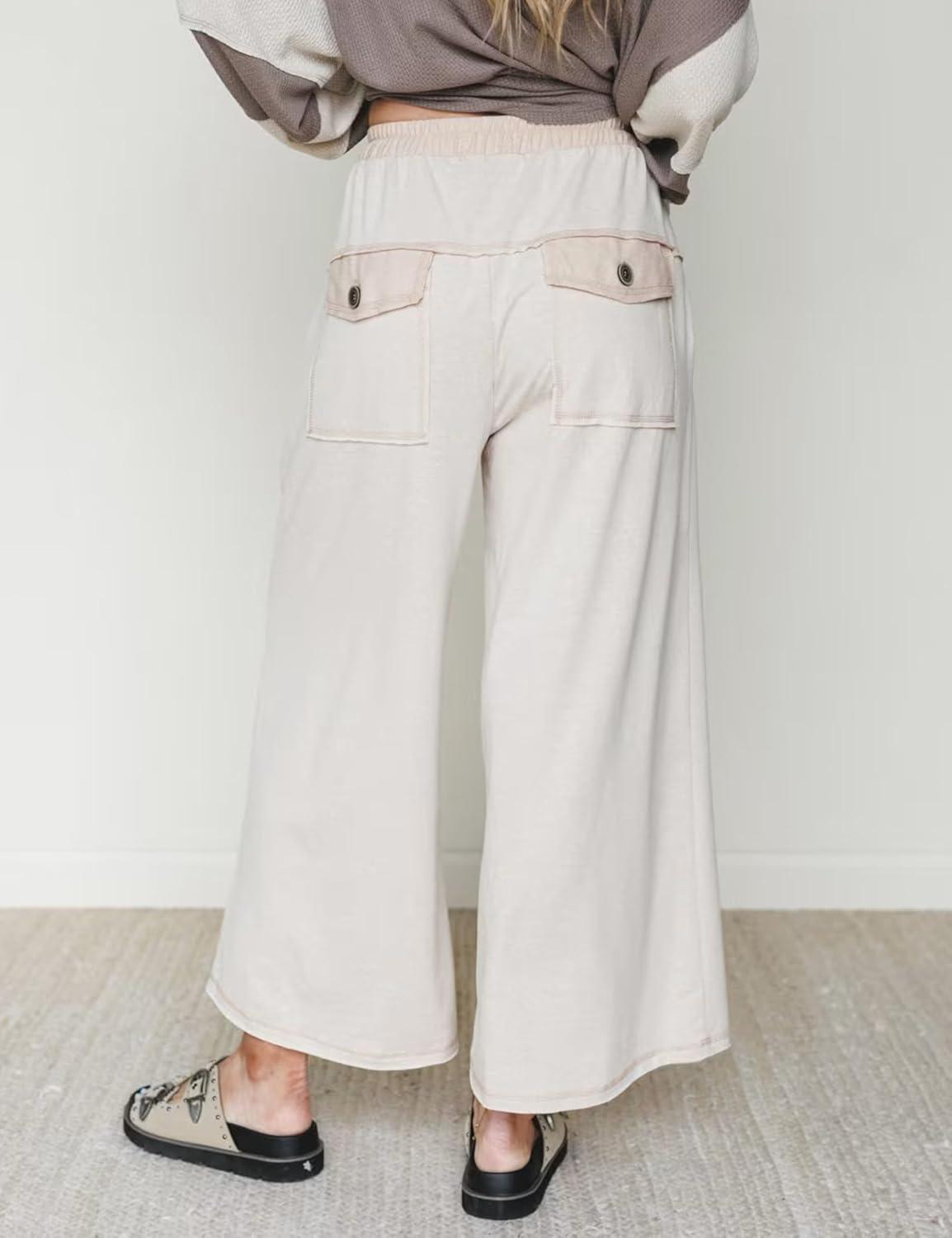 imageSpringrain Womens Casual Wide Leg Pants Drawstring High Waist Cotton Sweatpants with Back Patch PocketsBeige