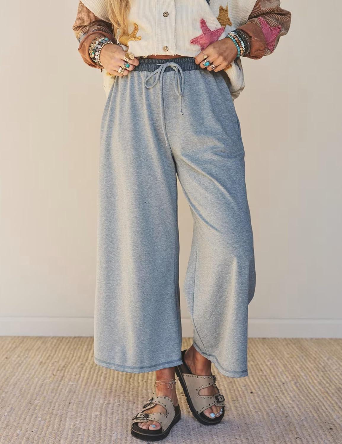 imageSpringrain Womens Casual Wide Leg Pants Drawstring High Waist Cotton Sweatpants with Back Patch PocketsGrey