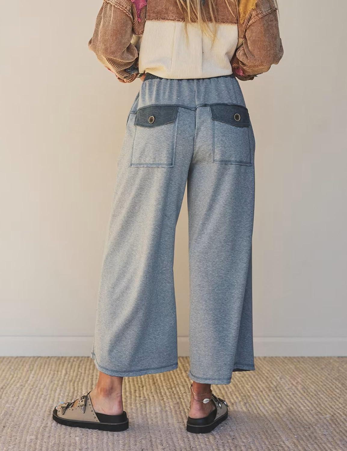 imageSpringrain Womens Casual Wide Leg Pants Drawstring High Waist Cotton Sweatpants with Back Patch PocketsGrey
