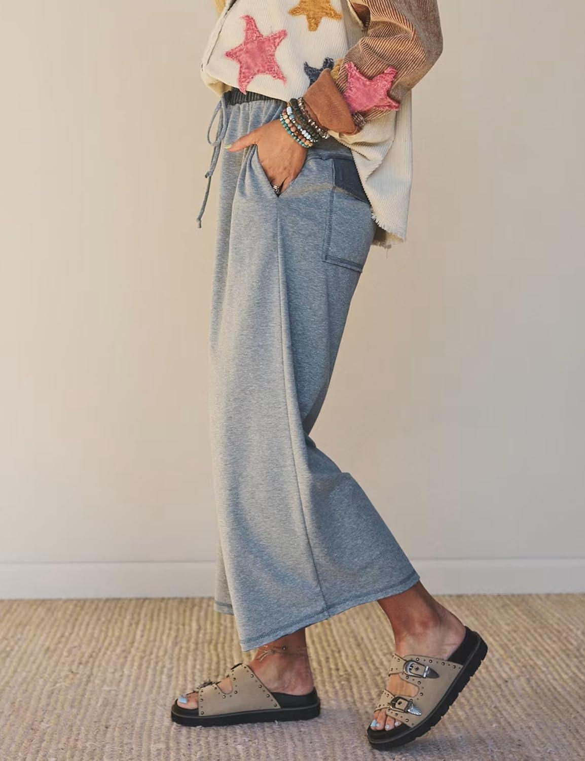 imageSpringrain Womens Casual Wide Leg Pants Drawstring High Waist Cotton Sweatpants with Back Patch PocketsGrey
