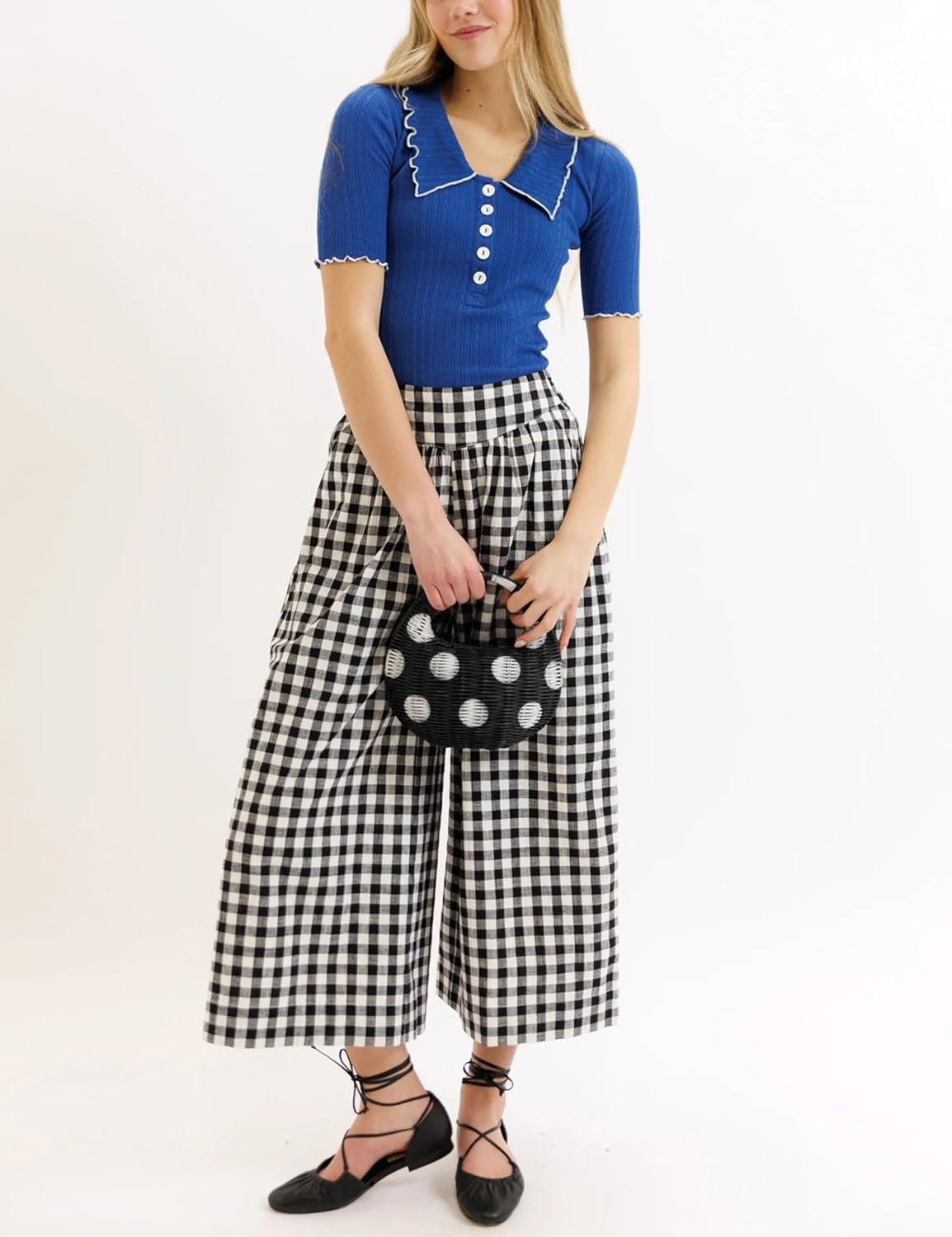 imageSpringrain Womens Checked Wide Leg Capri Pants Casual Elastic High Waist Flowy Palazzo Trousers with PocketsBlack