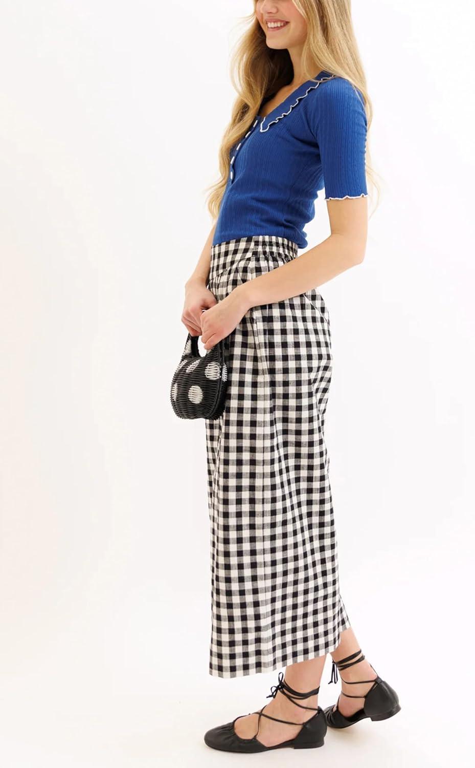 imageSpringrain Womens Checked Wide Leg Capri Pants Casual Elastic High Waist Flowy Palazzo Trousers with PocketsBlack