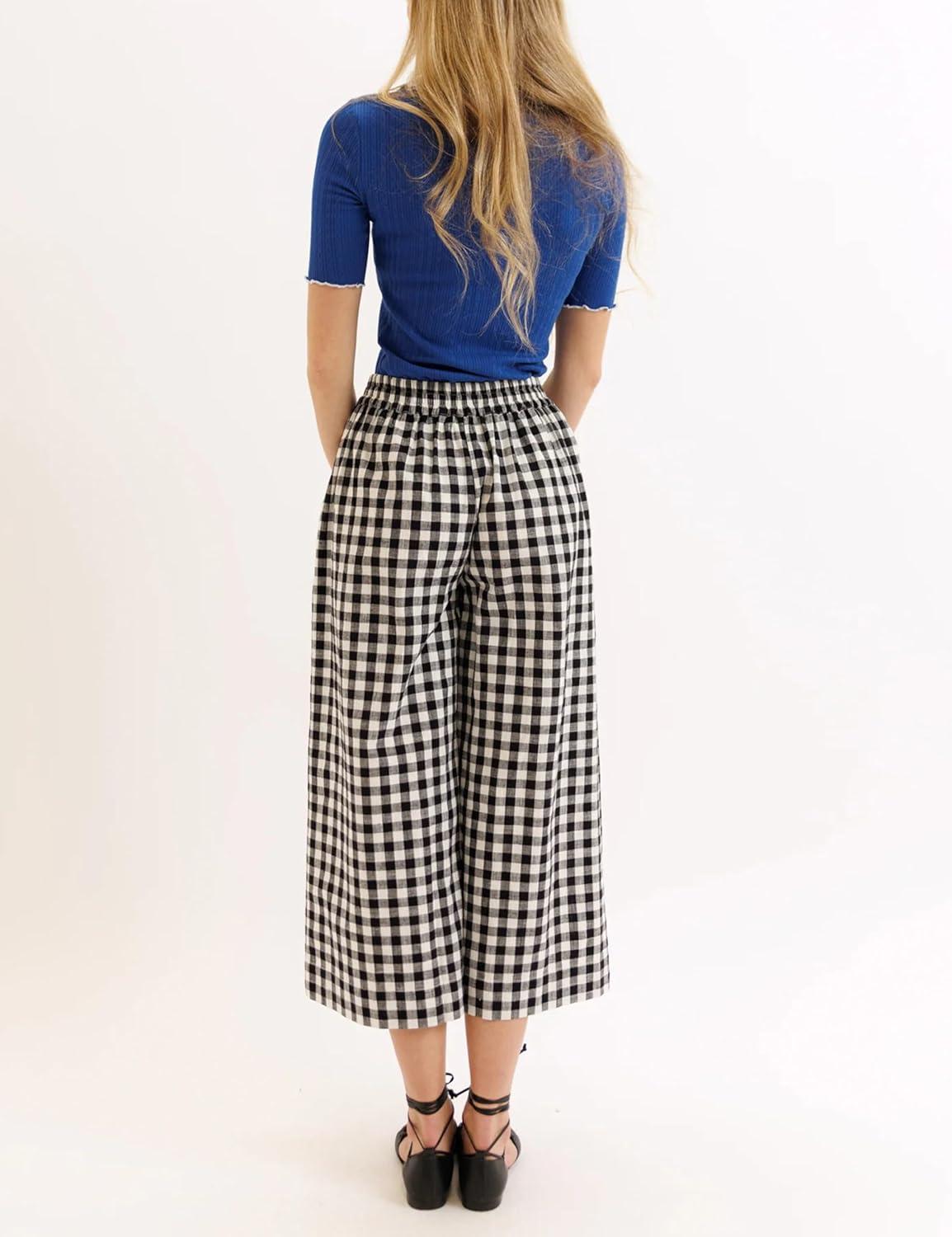 imageSpringrain Womens Checked Wide Leg Capri Pants Casual Elastic High Waist Flowy Palazzo Trousers with PocketsBlack