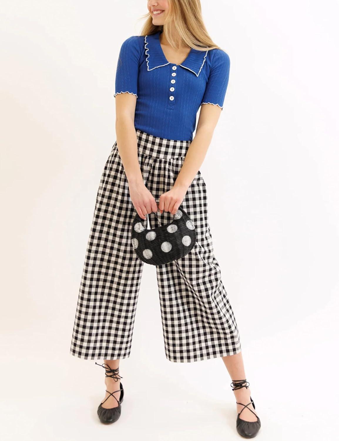 imageSpringrain Womens Checked Wide Leg Capri Pants Casual Elastic High Waist Flowy Palazzo Trousers with PocketsBlack