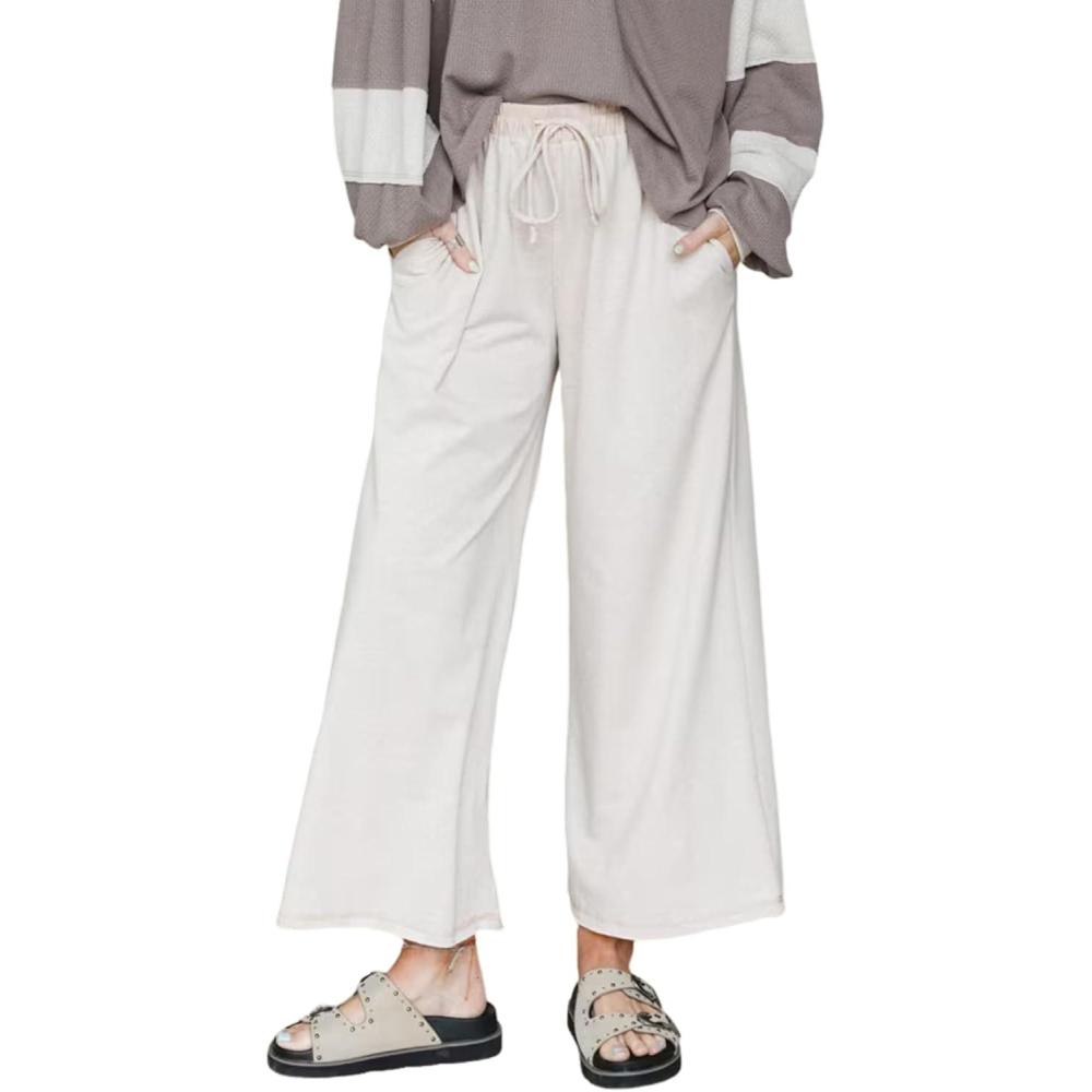 imageSpringrain Womens Casual Wide Leg Pants Drawstring High Waist Cotton Sweatpants with Back Patch PocketsBeige