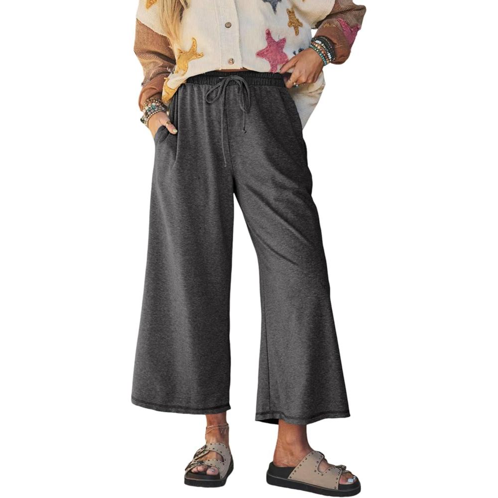 imageSpringrain Womens Casual Wide Leg Pants Drawstring High Waist Cotton Sweatpants with Back Patch PocketsBlack