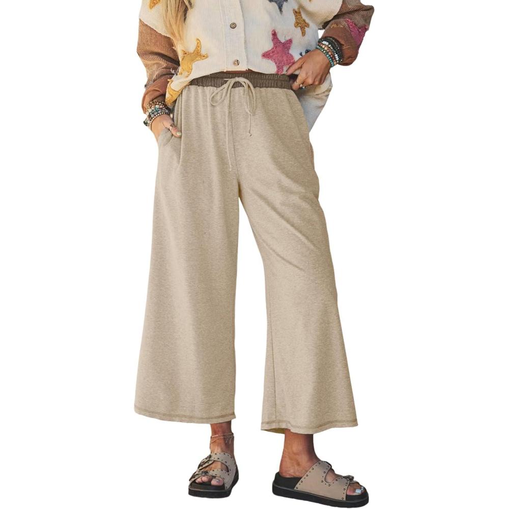 imageSpringrain Womens Casual Wide Leg Pants Drawstring High Waist Cotton Sweatpants with Back Patch PocketsKhaki
