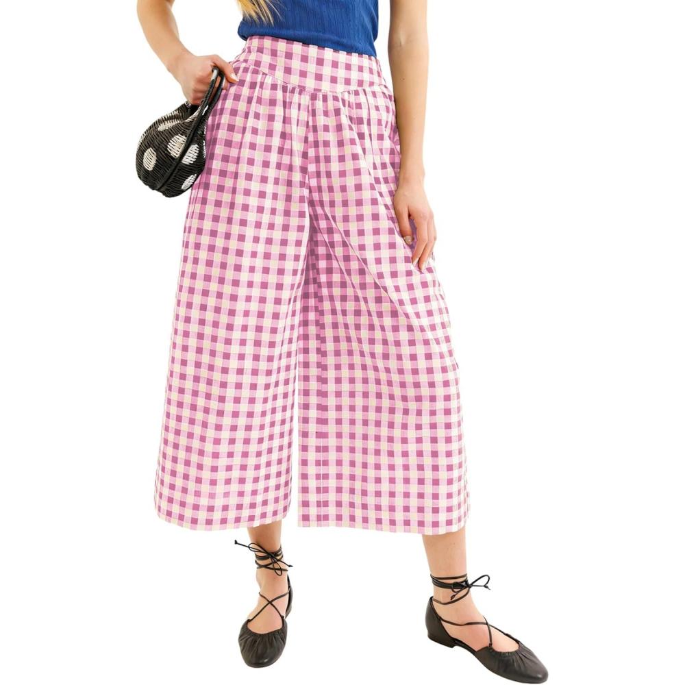 imageSpringrain Womens Checked Wide Leg Capri Pants Casual Elastic High Waist Flowy Palazzo Trousers with PocketsPink