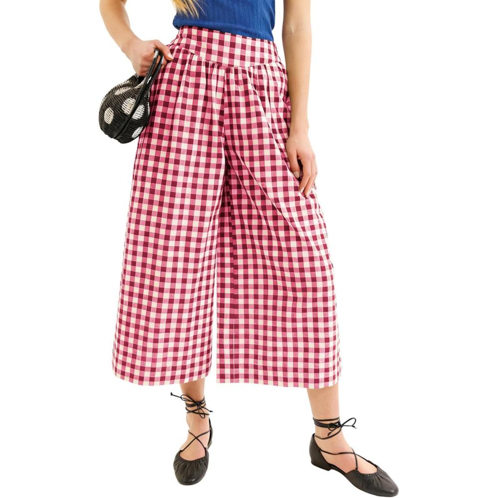 imageSpringrain Womens Checked Wide Leg Capri Pants Casual Elastic High Waist Flowy Palazzo Trousers with PocketsRed