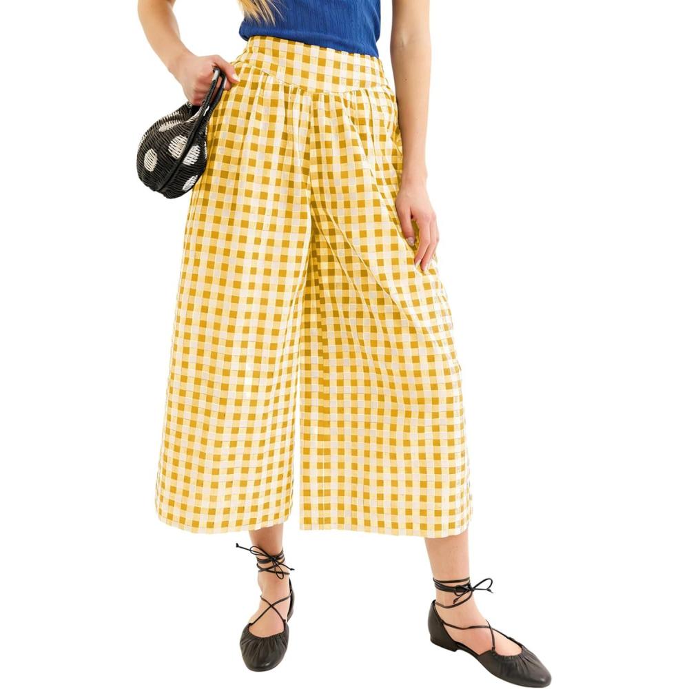 imageSpringrain Womens Checked Wide Leg Capri Pants Casual Elastic High Waist Flowy Palazzo Trousers with PocketsYellow