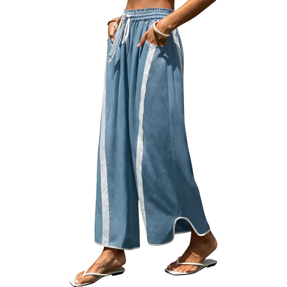 imageSpringrain Womens Linen Wide Leg Pants Baggy Drawstring Elastic Waist Side Striped Curved Hem Casual Pants with PocketsDustyblue