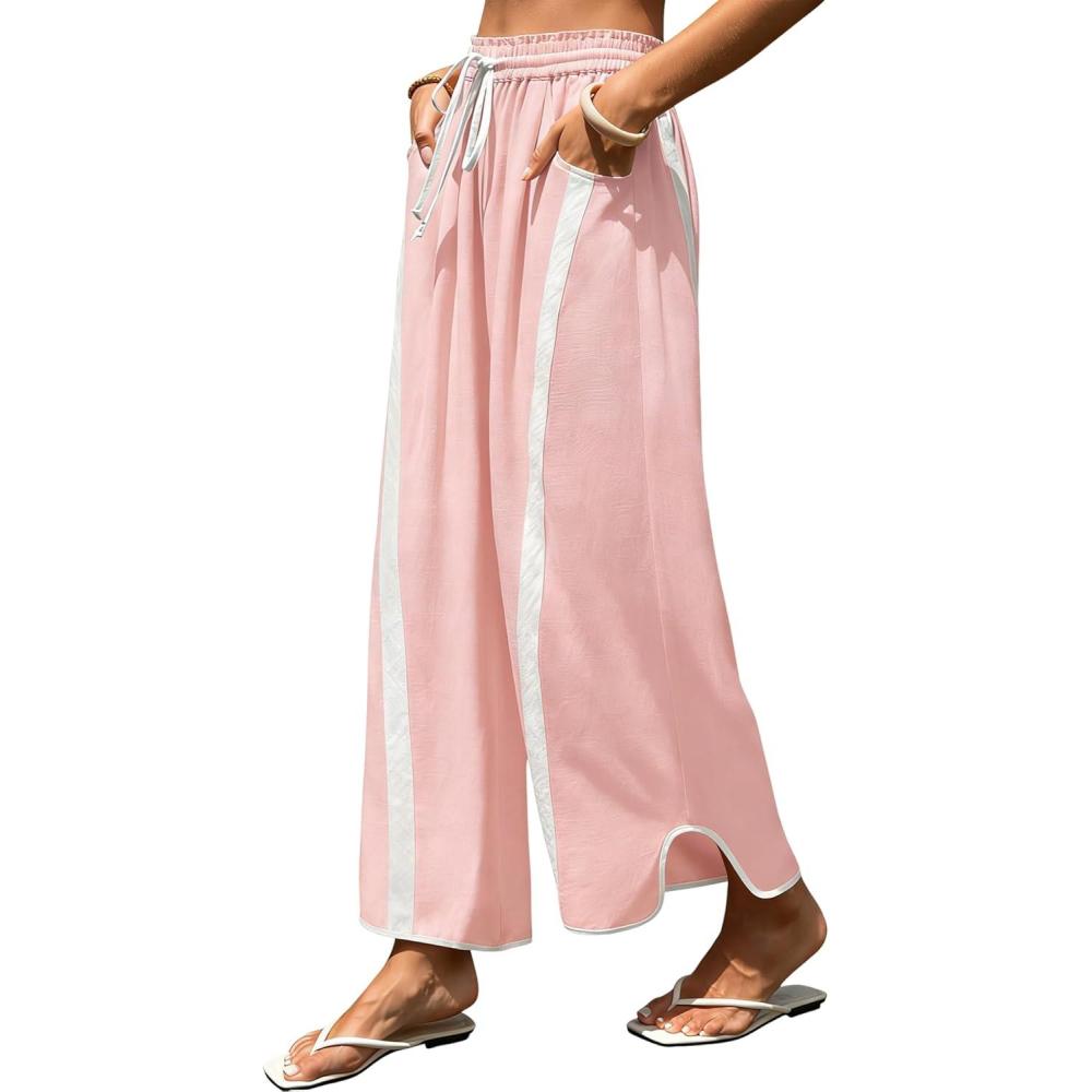 imageSpringrain Womens Linen Wide Leg Pants Baggy Drawstring Elastic Waist Side Striped Curved Hem Casual Pants with PocketsPink