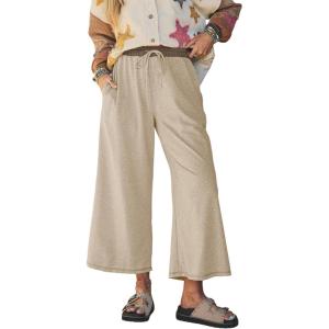 Springrain Women’s Casual Wide Leg Pants Drawstring High Waist Cotton Sweatpants with Back Patch Pockets(Khaki)