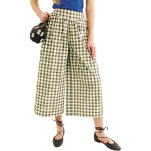 Springrain Women’s Checked Wide Leg Capri Pants Casual Elastic High Waist Flowy Palazzo Trousers with Pockets(Armygreen)