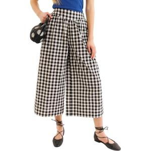 Springrain Women’s Checked Wide Leg Capri Pants Casual Elastic High Waist Flowy Palazzo Trousers with Pockets(Black)
