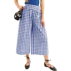 Springrain Women’s Checked Wide Leg Capri Pants Casual Elastic High Waist Flowy Palazzo Trousers with Pockets(Blue)
