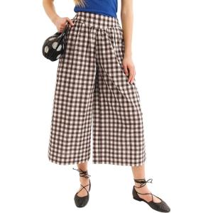 Springrain Women’s Checked Wide Leg Capri Pants Casual Elastic High Waist Flowy Palazzo Trousers with Pockets(Brown)