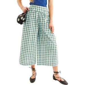 Springrain Women’s Checked Wide Leg Capri Pants Casual Elastic High Waist Flowy Palazzo Trousers with Pockets(Green)