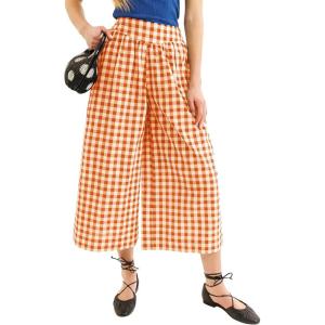 Springrain Women’s Checked Wide Leg Capri Pants Casual Elastic High Waist Flowy Palazzo Trousers with Pockets(Orange)
