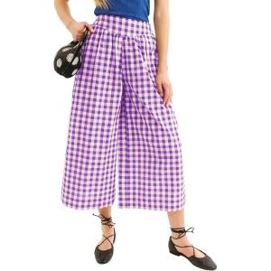 Springrain Women’s Checked Wide Leg Capri Pants Casual Elastic High Waist Flowy Palazzo Trousers with Pockets(Purple)