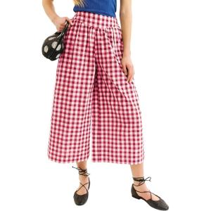 Springrain Women’s Checked Wide Leg Capri Pants Casual Elastic High Waist Flowy Palazzo Trousers with Pockets(Red)