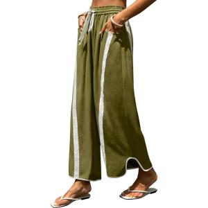 Springrain Women’s Linen Wide Leg Pants Baggy Drawstring Elastic Waist Side Striped Curved Hem Casual Pants with Pockets(Armygreen)