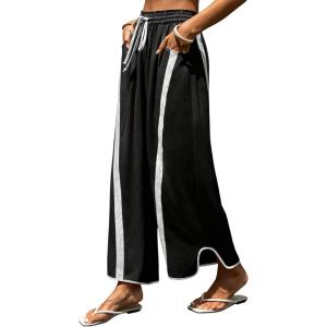 Springrain Women’s Linen Wide Leg Pants Baggy Drawstring Elastic Waist Side Striped Curved Hem Casual Pants with Pockets(Black)