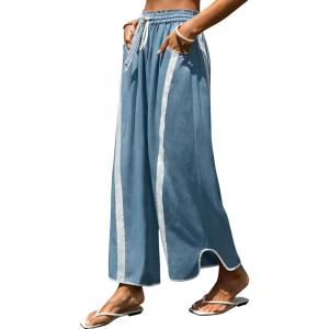 Springrain Women’s Linen Wide Leg Pants Baggy Drawstring Elastic Waist Side Striped Curved Hem Casual Pants with Pockets(Dustyblue)