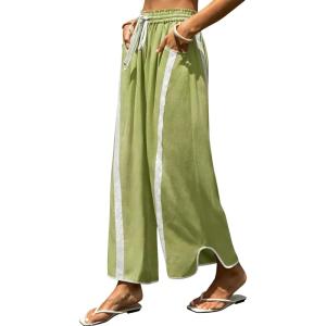 Springrain Women’s Linen Wide Leg Pants Baggy Drawstring Elastic Waist Side Striped Curved Hem Casual Pants with Pockets(Green)