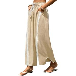 Springrain Women’s Linen Wide Leg Pants Baggy Drawstring Elastic Waist Side Striped Curved Hem Casual Pants with Pockets(Khaki)