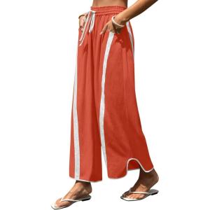 Springrain Women’s Linen Wide Leg Pants Baggy Drawstring Elastic Waist Side Striped Curved Hem Casual Pants with Pockets(Red)
