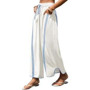 Springrain Women’s Linen Wide Leg Pants Baggy Drawstring Elastic Waist Side Striped Curved Hem Casual Pants with Pockets(White)