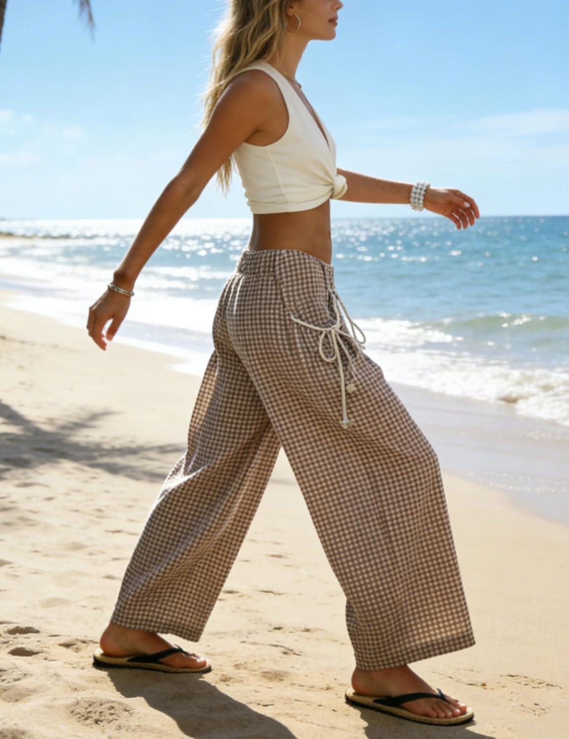 imageSpringrain Womens Checked Wide Leg Pants Casual Summer Beach Elastic Flowy Palazzo Pants Trousers with PocketsCoffee