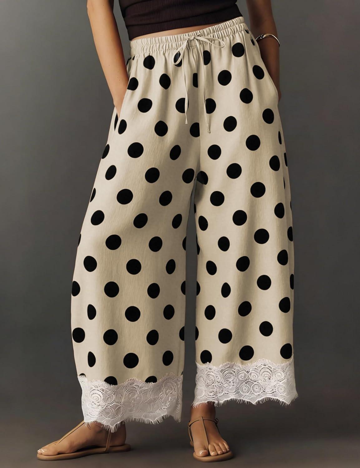 imageSpringrain Womens Polka Dot Wide Leg Pants Casual Drawstring Lace Hem Flowy Palazzo Trousers with PocketsBeige