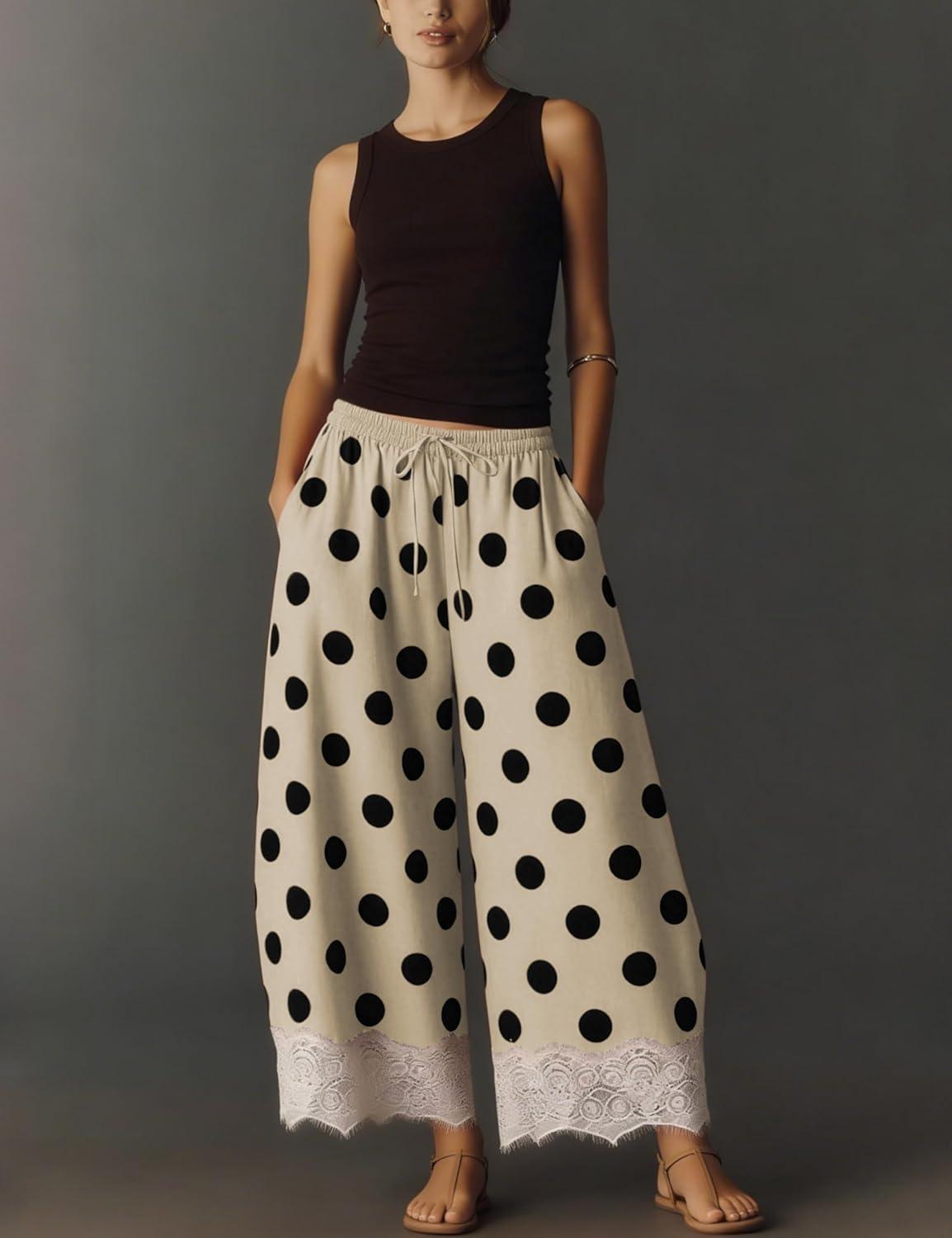 imageSpringrain Womens Polka Dot Wide Leg Pants Casual Drawstring Lace Hem Flowy Palazzo Trousers with PocketsBeige