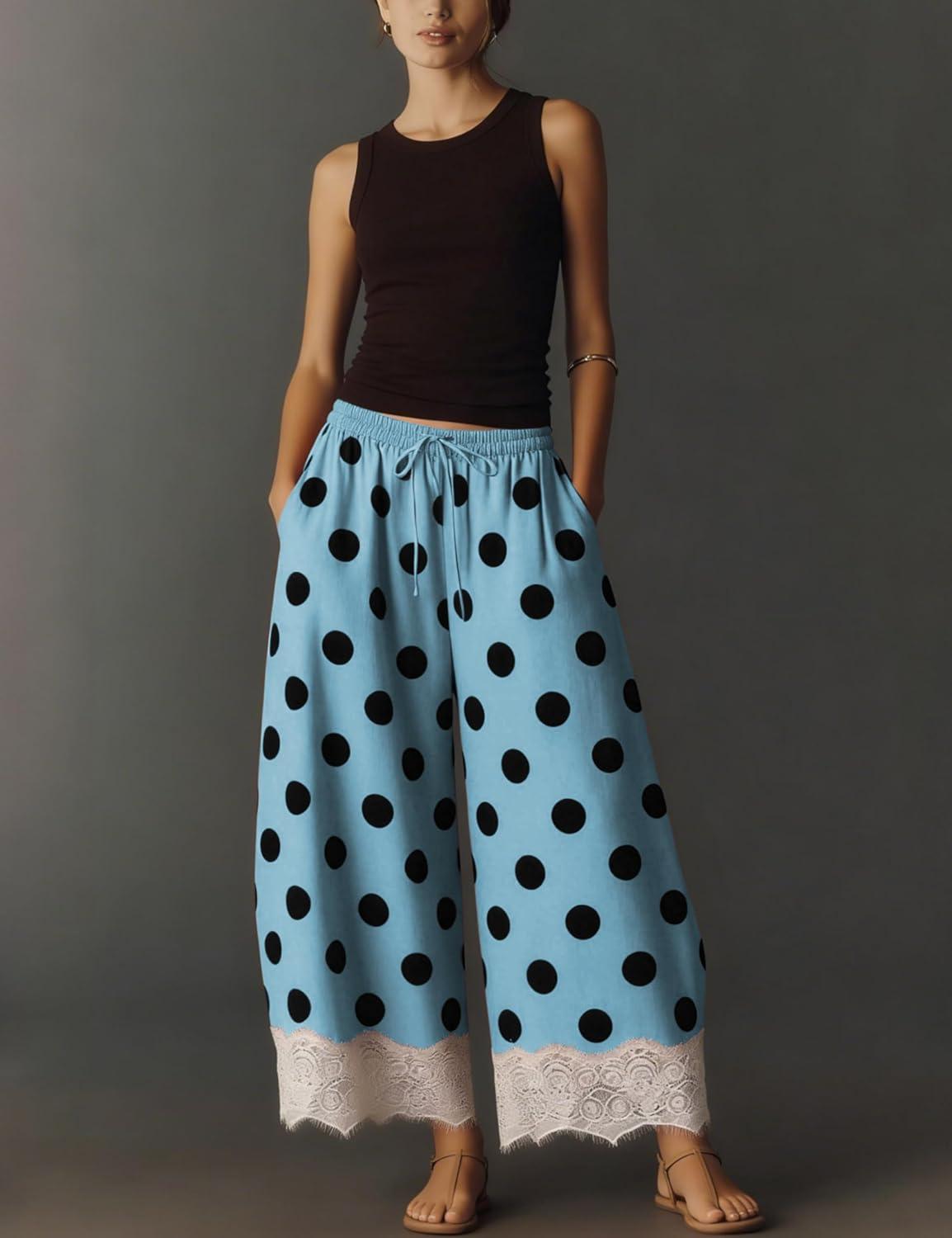 imageSpringrain Womens Polka Dot Wide Leg Pants Casual Drawstring Lace Hem Flowy Palazzo Trousers with PocketsBlue