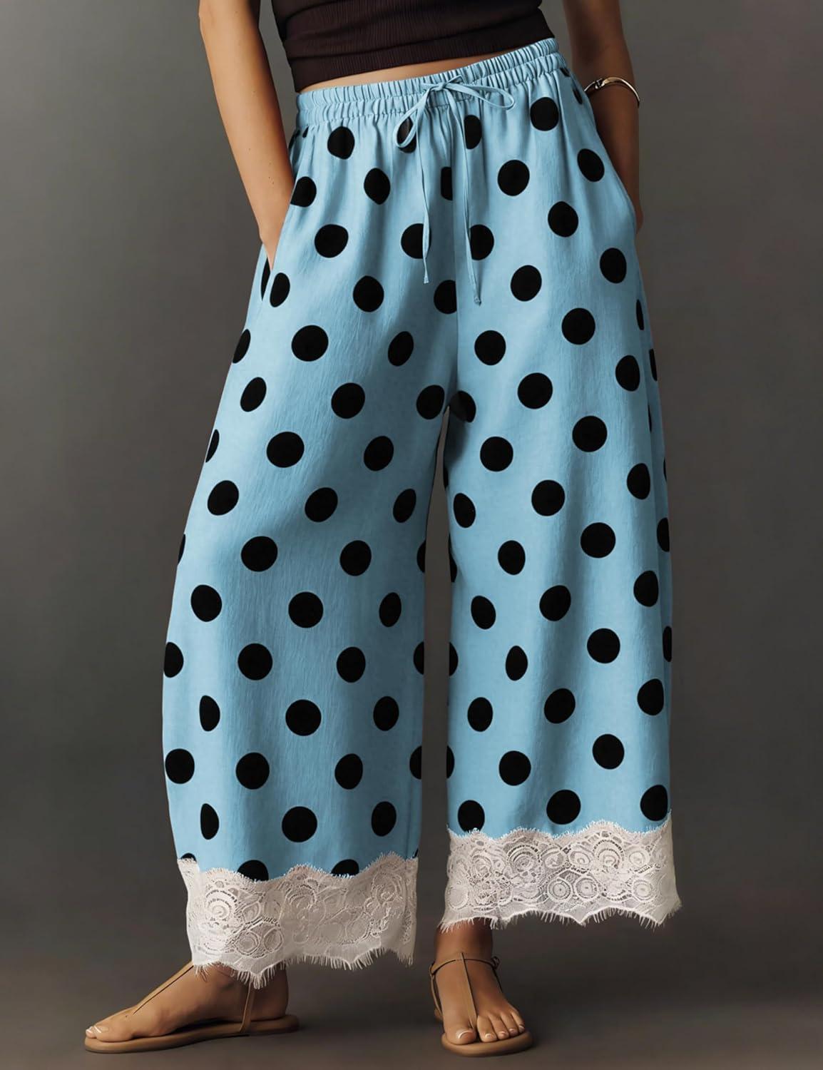 imageSpringrain Womens Polka Dot Wide Leg Pants Casual Drawstring Lace Hem Flowy Palazzo Trousers with PocketsBlue
