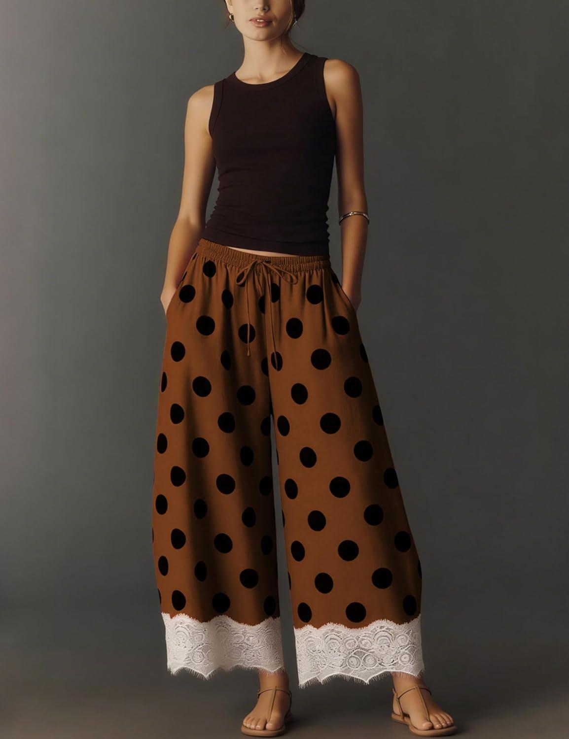 imageSpringrain Womens Polka Dot Wide Leg Pants Casual Drawstring Lace Hem Flowy Palazzo Trousers with PocketsBrown