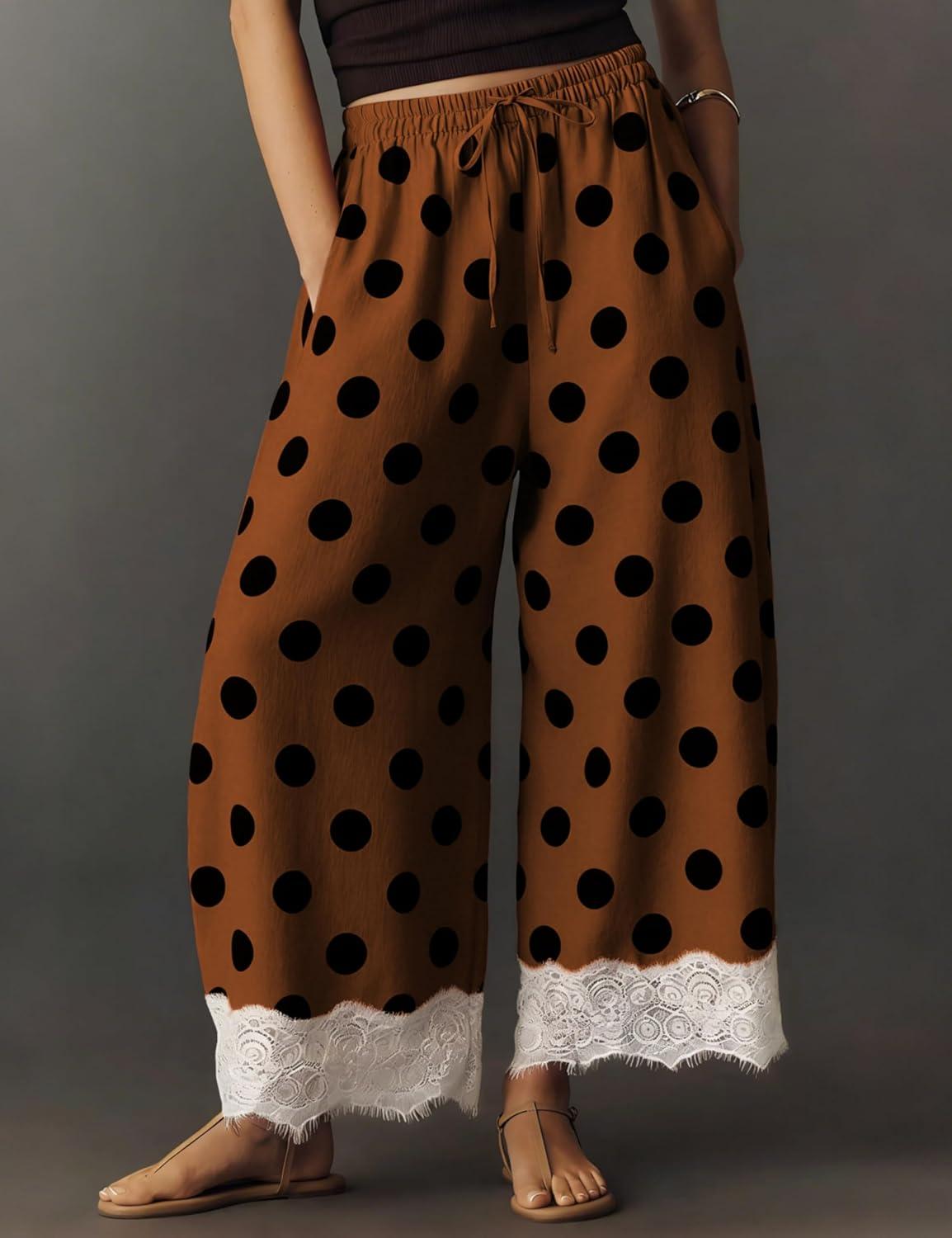 imageSpringrain Womens Polka Dot Wide Leg Pants Casual Drawstring Lace Hem Flowy Palazzo Trousers with PocketsBrown