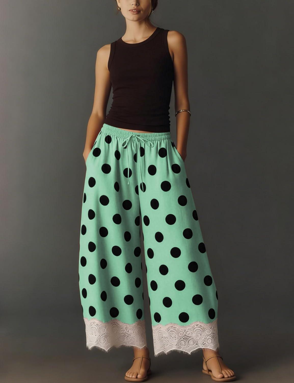 imageSpringrain Womens Polka Dot Wide Leg Pants Casual Drawstring Lace Hem Flowy Palazzo Trousers with PocketsGreen